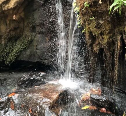 A waterfall with water falling down the side of it.