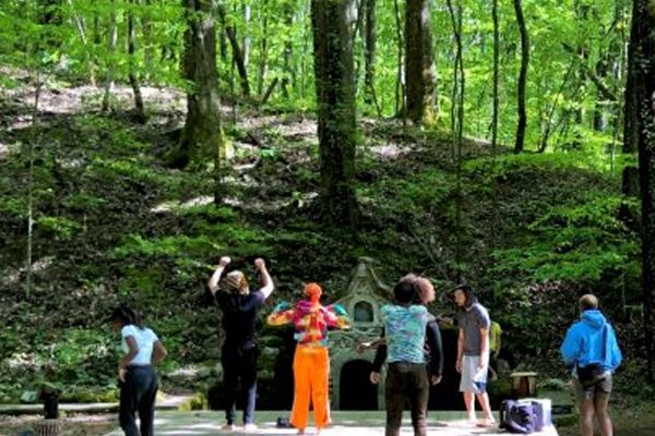 A group of people standing on the ground in front of trees.