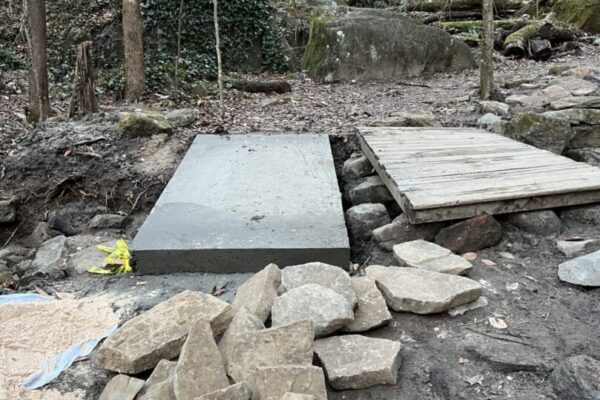 A pile of rocks and concrete blocks in the middle of a forest.