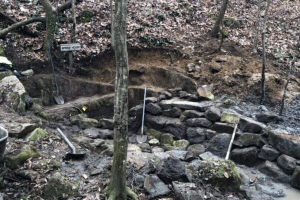 A hole in the ground with rocks and trees around it