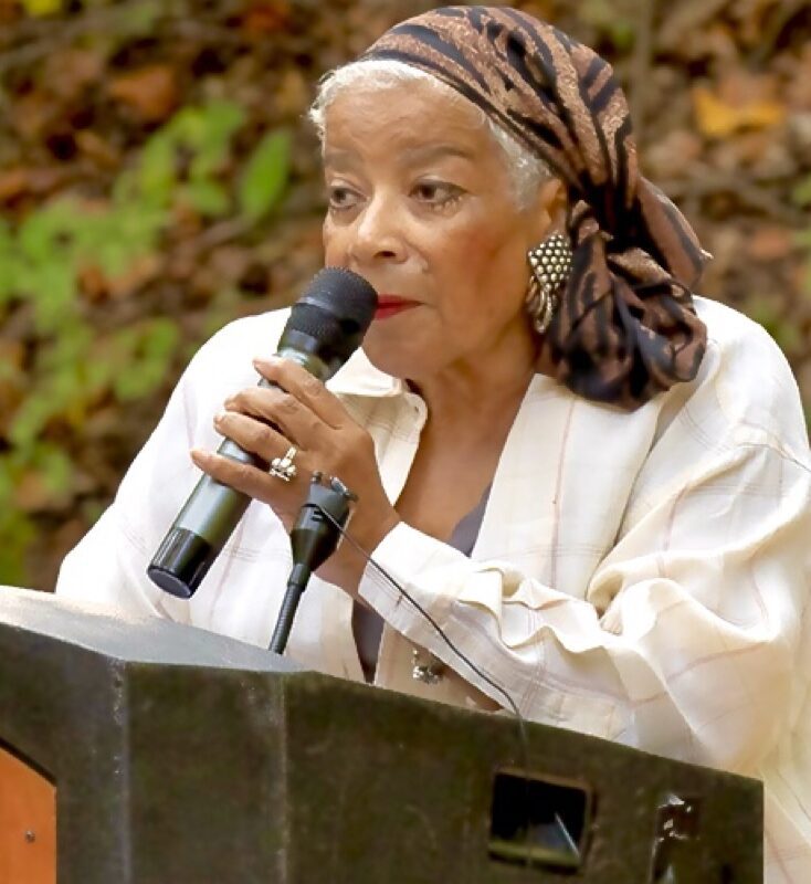 A woman with a headscarf is speaking at a podium.