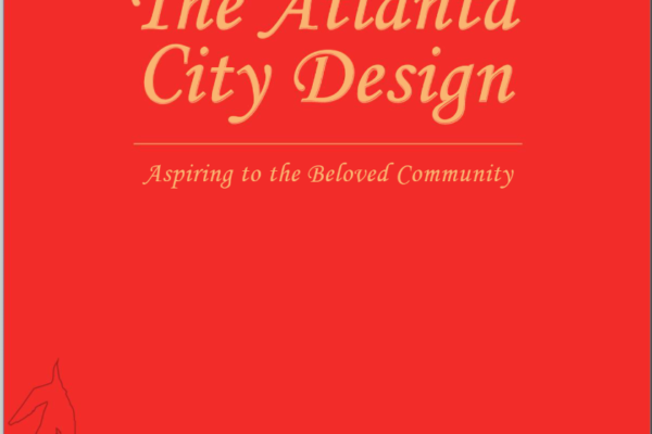 A red book cover with the words " atlanta city design ," and some buildings in the background.