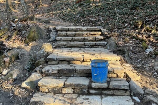 A blue bucket sitting on top of some steps.