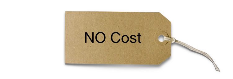 A cardboard sign with the words no cost written on it.