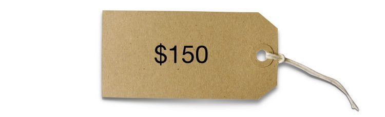 A cardboard sign with the price of $ 1 5 0.