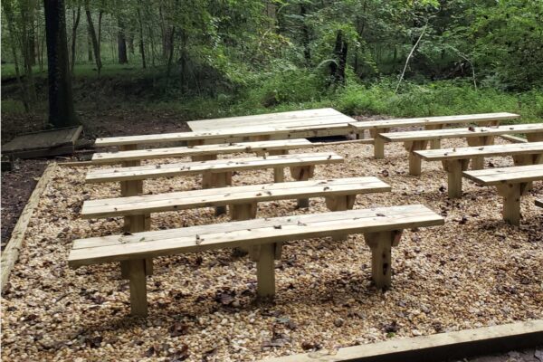 A group of wooden benches in the middle of a forest.