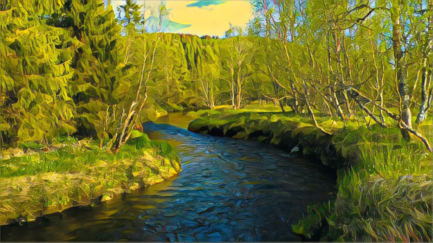 A painting of a river with trees in the background