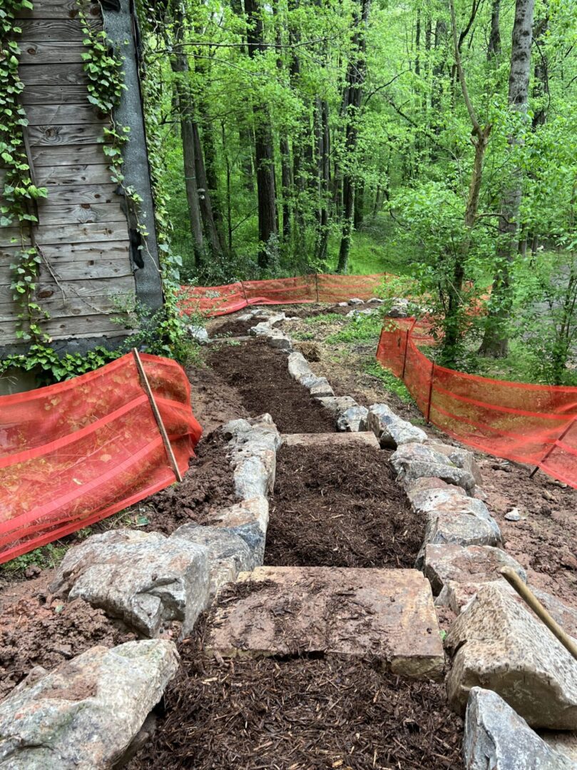 A dirt path with rocks and trees in the background.