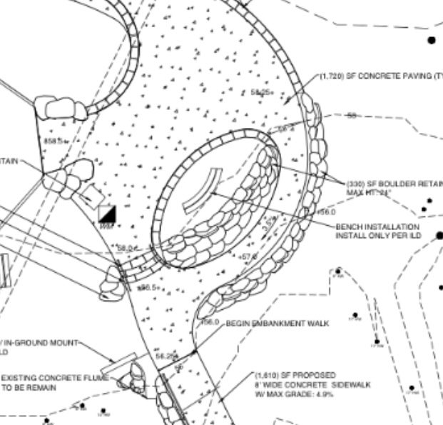 A black and white drawing of a park with a lot of lines