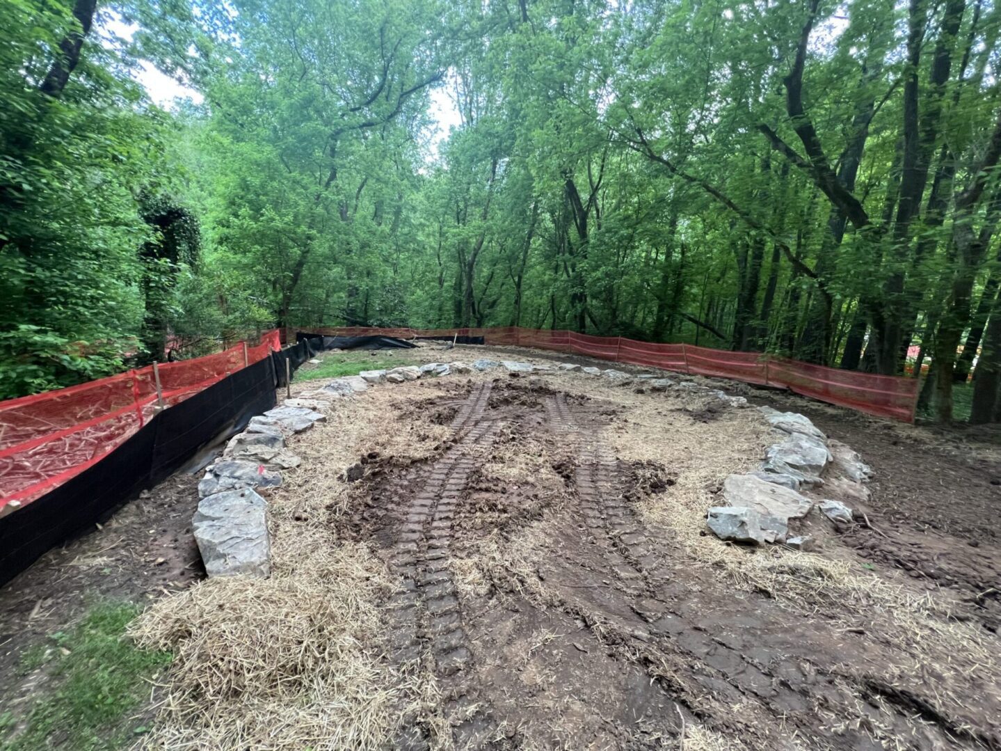 A dirt road with tracks in the middle of it