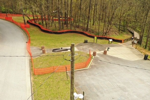 A view of a dirt bike track from above.