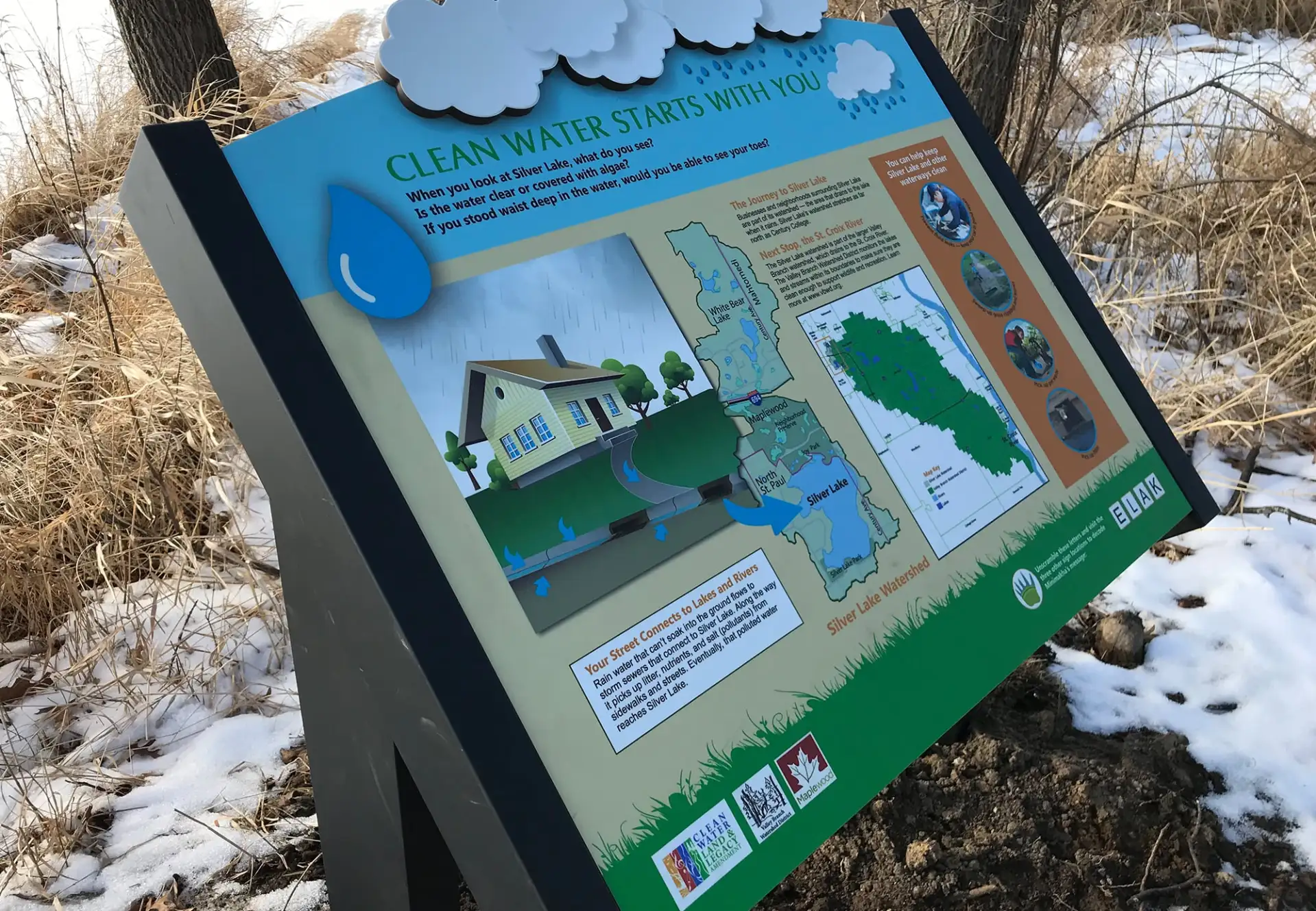 A sign with information about the clean water district.